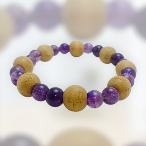 Amethyst and Wood Bead Vintage Elastic Bracelet Purple Wood Chinese Markings - Picture 10 of 11